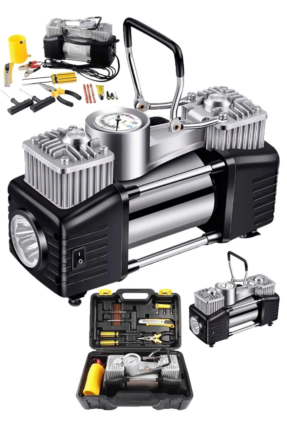 moonshop Çift Pistonlu Araç Lastik Şişirme Kompresörü, Çok Renkli, 12V, 150 PSI, LED Aydınlatmalı, Taşıma Çantalı, Lastik Tamir Kiti Dahil