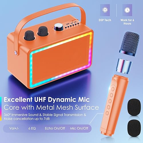 Miniatura 3 de MVKCN Máquina de karaoke de madera con dos micrófonos inalámbricos para adultos y niños, altavoz Bluetooth recargable con graves para niñas y niños,