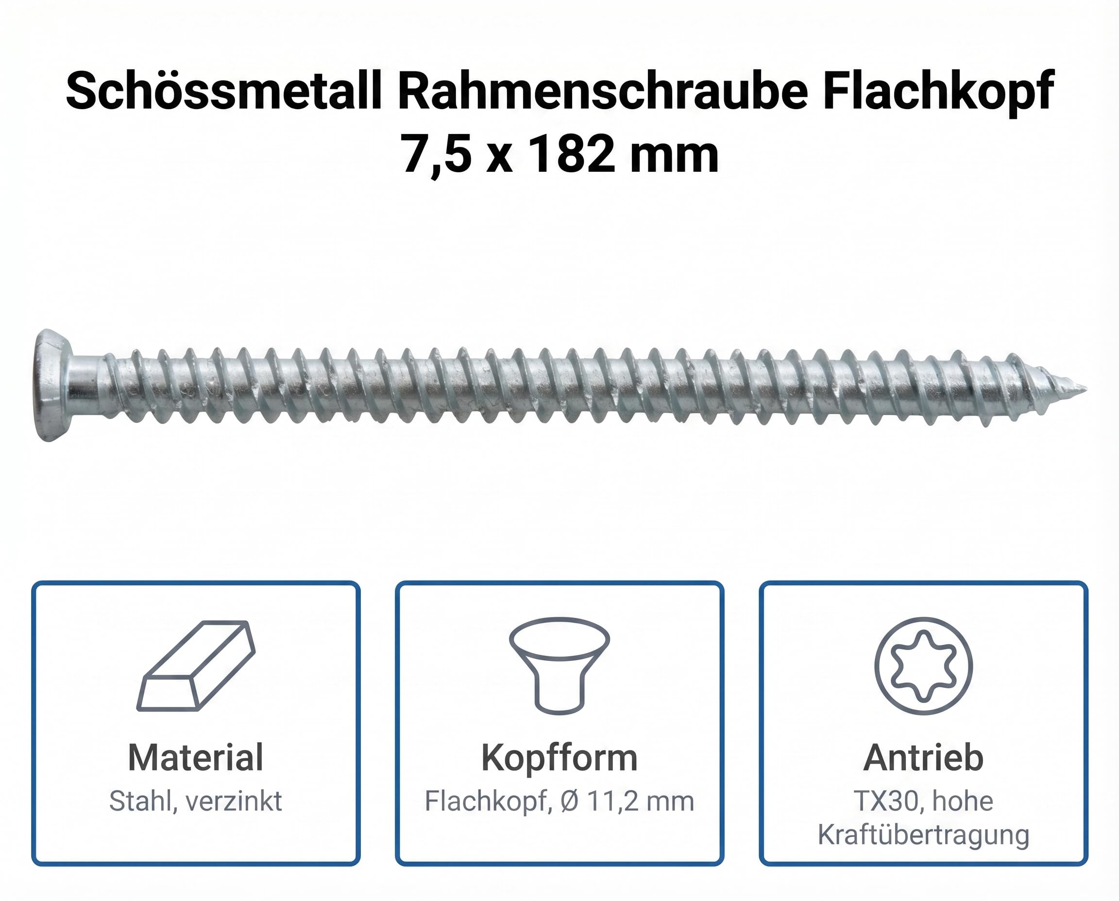 Rahmenschrauben Stahl verzinkt 7,5 x 182 mm, 100 Stück, Flachkopf TX30, Vollgewinde, dübellose Fenster- und Türrahmenmontage