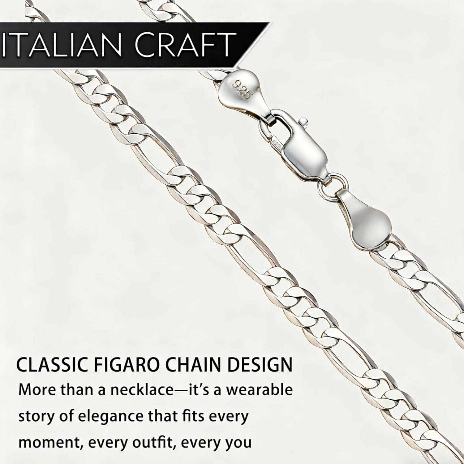 925 Sterling Silver Figaro Necklace for Men & Women 4.2mm Dainty Hypoallergenic Silver Chain Fashion Mens Necklace Waterproof Non-tarnish Jewelry Unisex Gift Lifetime Quality