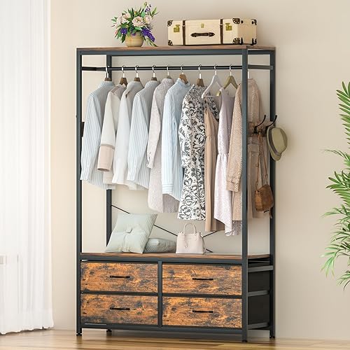 Miniatura 7 de Perchero independiente para colgar ropa, organizador de armario resistente con 4 cajones, 4 ganchos y estantes, almacenamiento de armario para