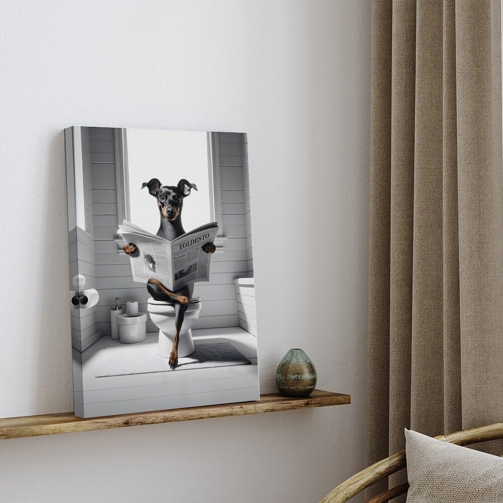 Framed Canvas Print Wall Art Funny Miniature Pinscher Dog Bathroom Art Poster Framed Artwork Aesthetic walls home decor for Living Room Bathroom Bedroom Wall Art Decor Framed20x30inch