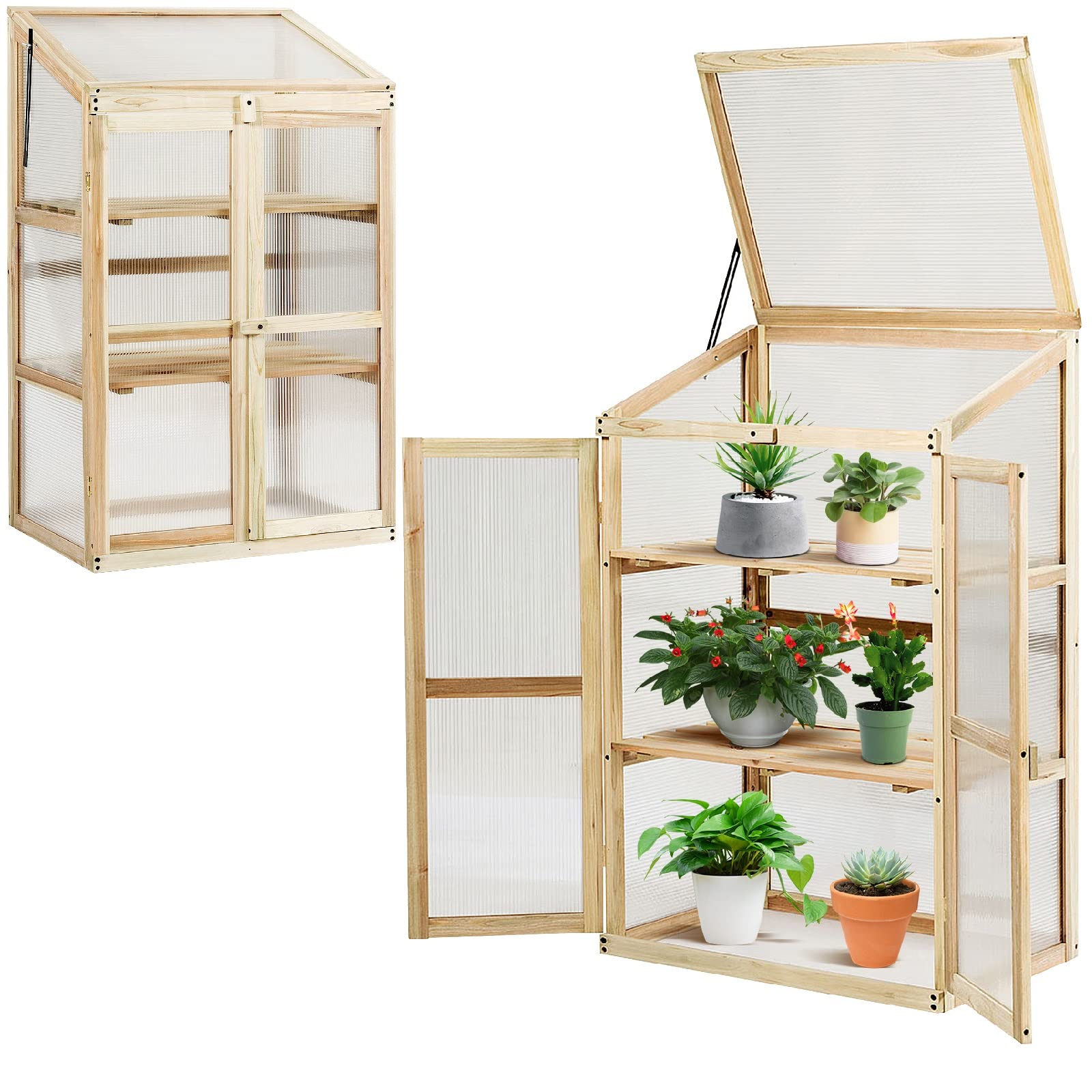 GYMAX Mini Serra Portapiante, in Legno e Policarbonato, Aiuola Trasparente a 3 Piani, Serra Vegetale, Coltivatore con Coperchio Apribile, Fioriera per Balcone, Giardino e Cortile, 60x45x100 cm
