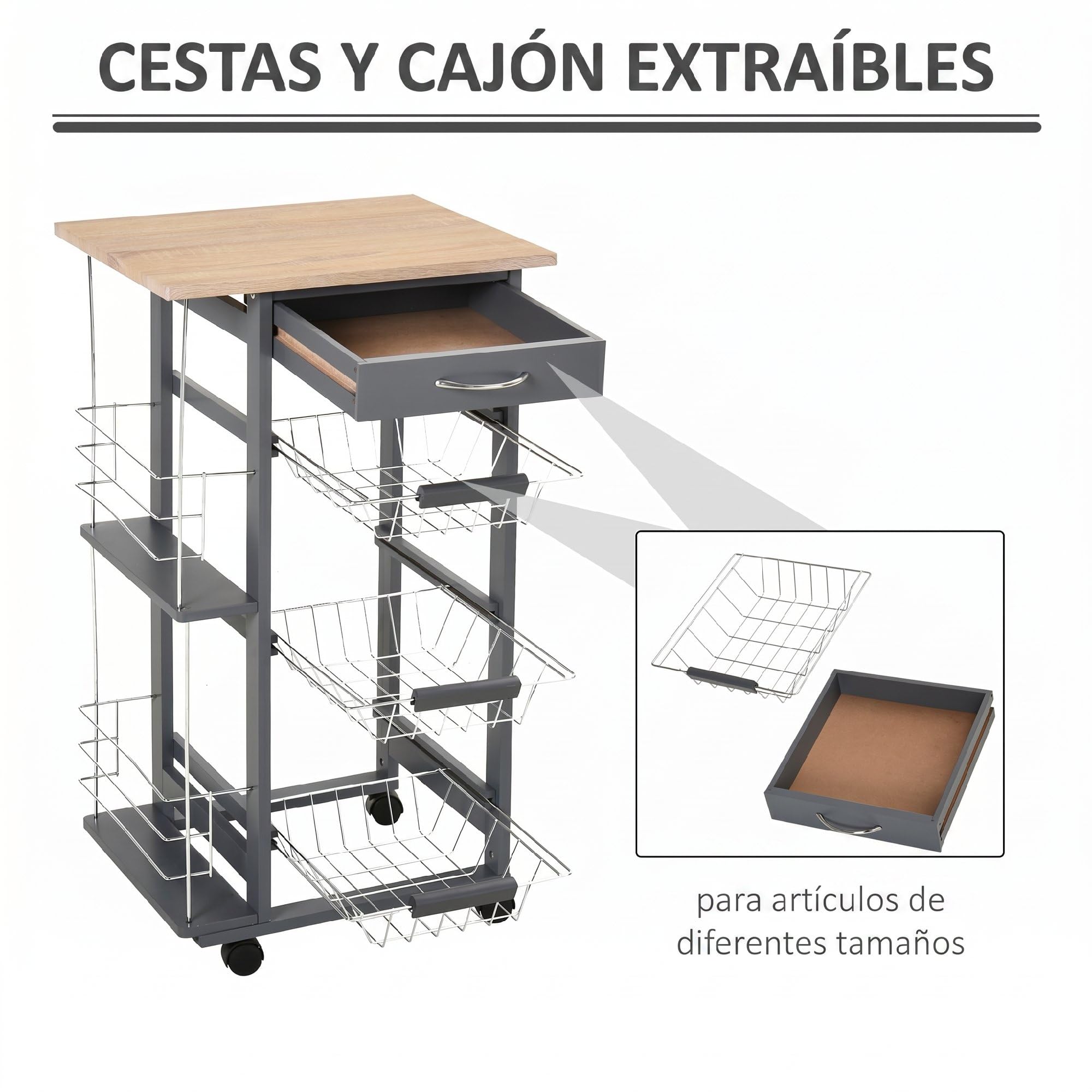 HOMCOM Carrito Auxiliar con Ruedas, 3 Cestas Metálicas, 47x37x83 cm, Gris | Carrito de Cocina, Cajón, 2 Especieros, Estructura de Madera de Pino, para Verduras y Frutas, para Comedor