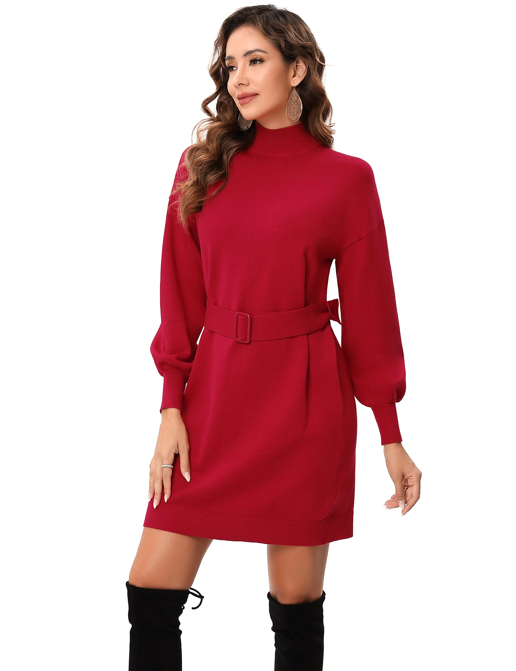 KOJOOIN Robe tricotée à Manches Longues et col roulé pour Femme - Robe Tunique élégante avec Ceinture
