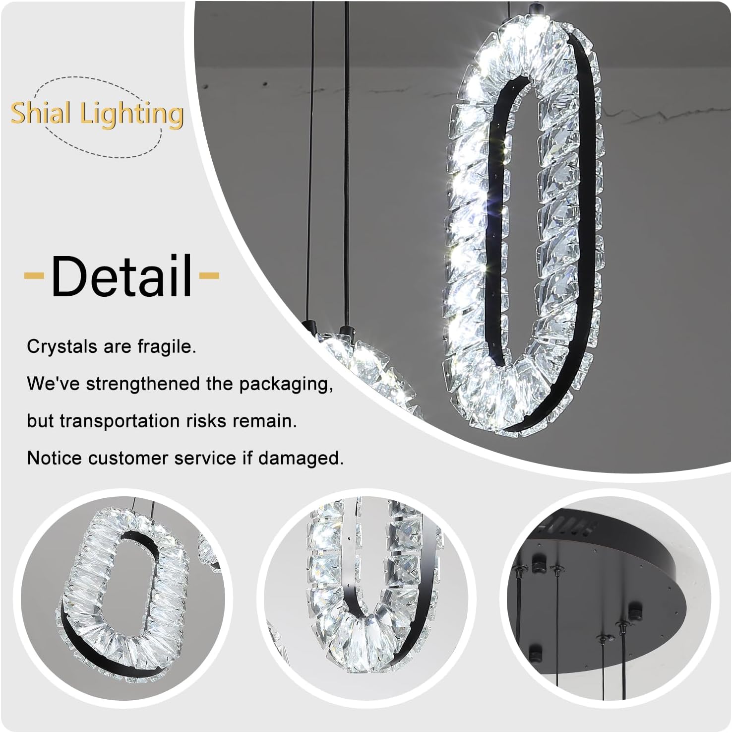 Modern Crystal Pendant Light Black Ring Pendant Light Fixtures LED Dimmable Pendant Lighting for Dining Room Kitchen Island Bedroom Foyer