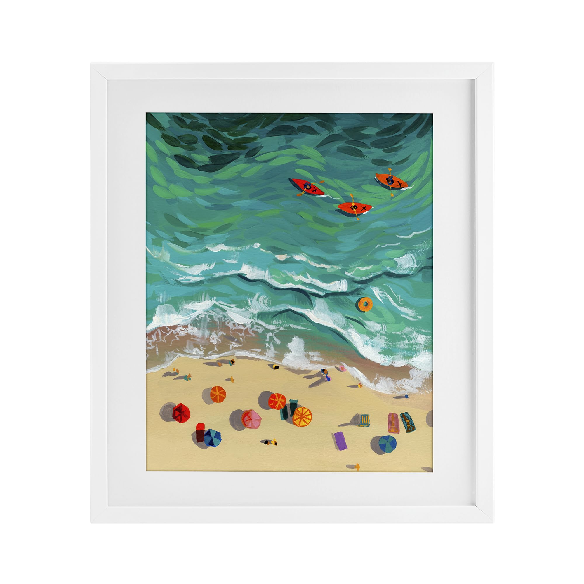 Stupell Industries 'Three Kayaks in Turquoise Waves', Framed Print Under Glass, White, 13 x 16 Inches, Easy to Hang and Sturdy, Made in USA, by Brook Page