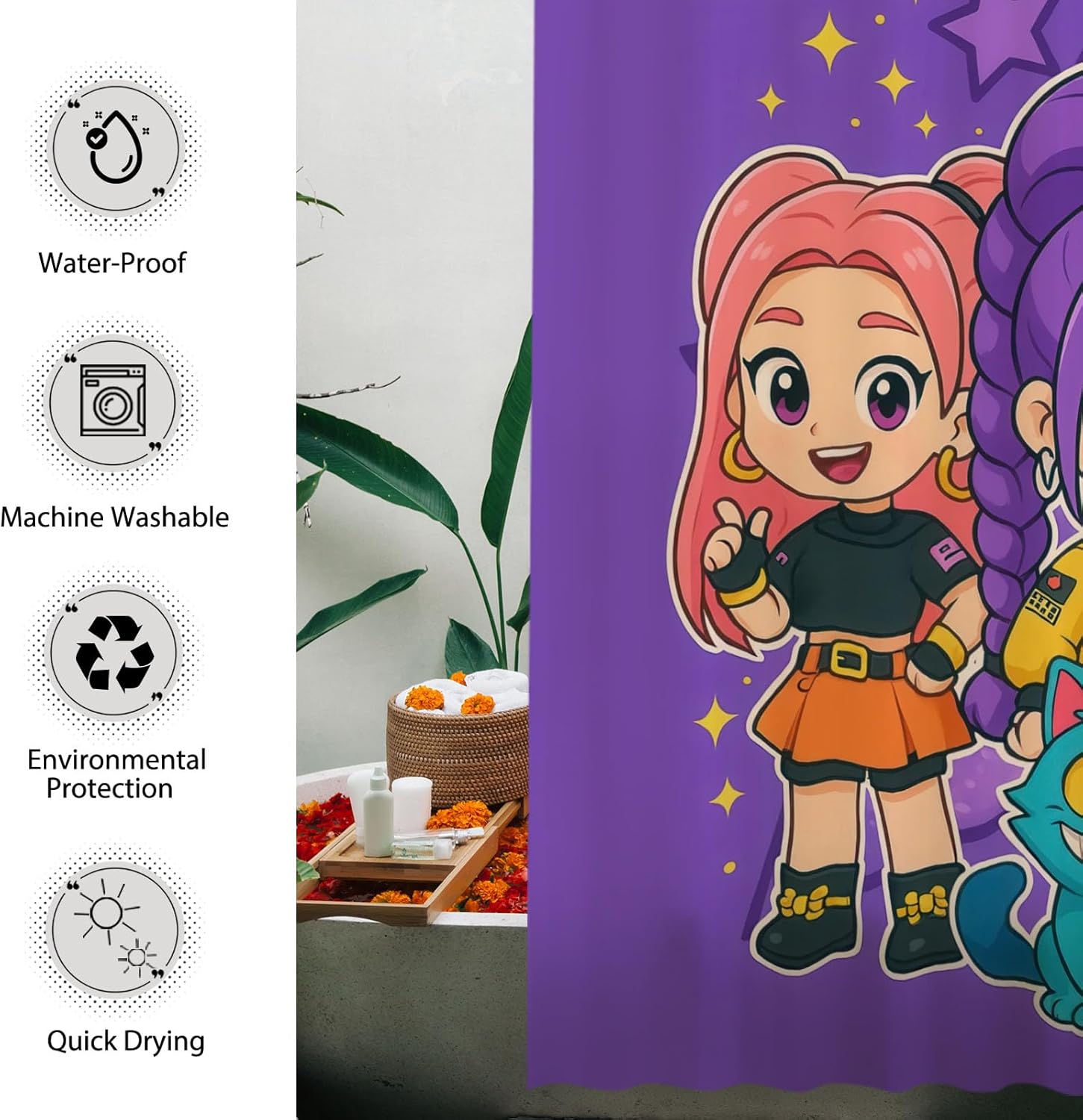 Funnytree Cute Anime Purple Korean Hunter Shower Curtain 72"x72" - Waterproof Fabric Bathroom Decor for Daughter,Teens,Fans,Girls,Women, Durable Easy Care Washable (Hooks Not Included)