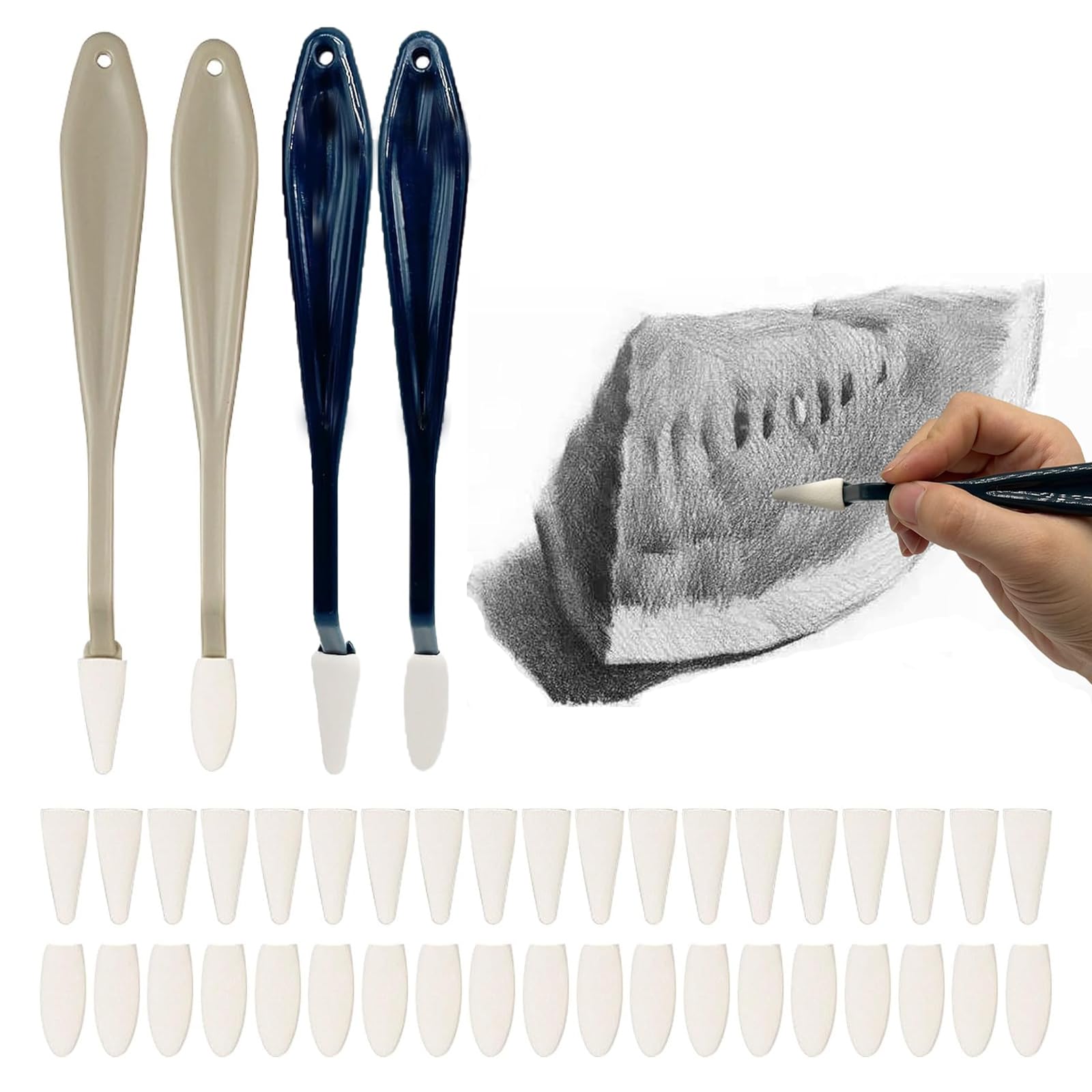 Difuminadores para Dibujo, Lapices de Difuminos Artístico, Espatulas Pintura con 40 Puntas de Esponja Reemplazables, Boceto Esponja Limpiaparabrisas, Esponja Cepillo para Dibujar, Pluma Boceto Dibujo