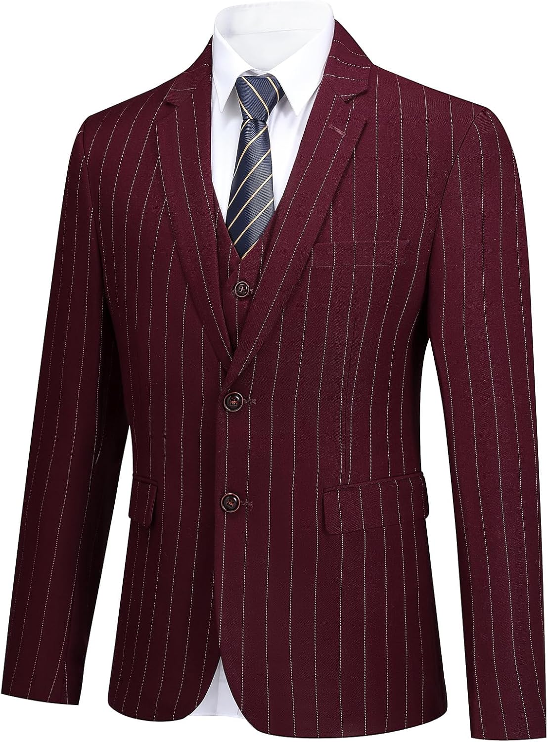 Cloudstyle Mens 3 Piece Stripe Suit Set Center Vent 2 Button Tux Blazer Jacket Vest Trousers - Image 3