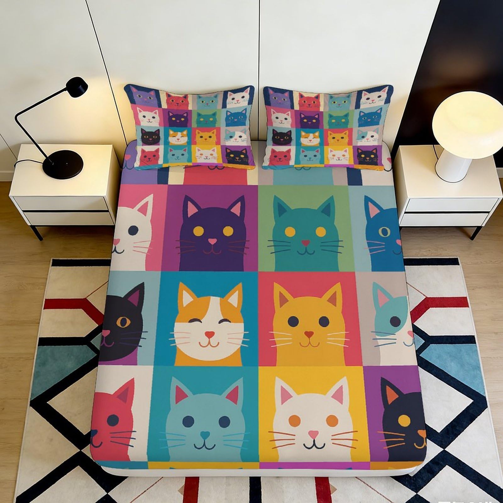 3D Printed Colorful Cat Pattern Fitted Sheet Microfiber Soft Durable Cute Cat Faces Bed Sheet for Bedroom Dormitory Guest Room Mattress Protection 140x200x25cm