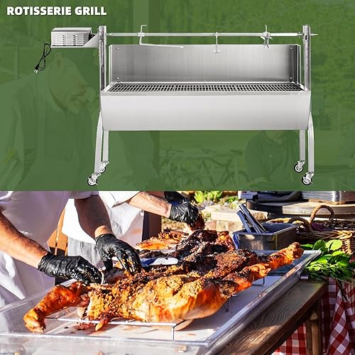 Miniatura 3 de Asador de carbón para asador, acero inoxidable de 46 pulgadas, con capucha de cordero de cerdo, asador de carbón con motor de 30 W y ruedas con
