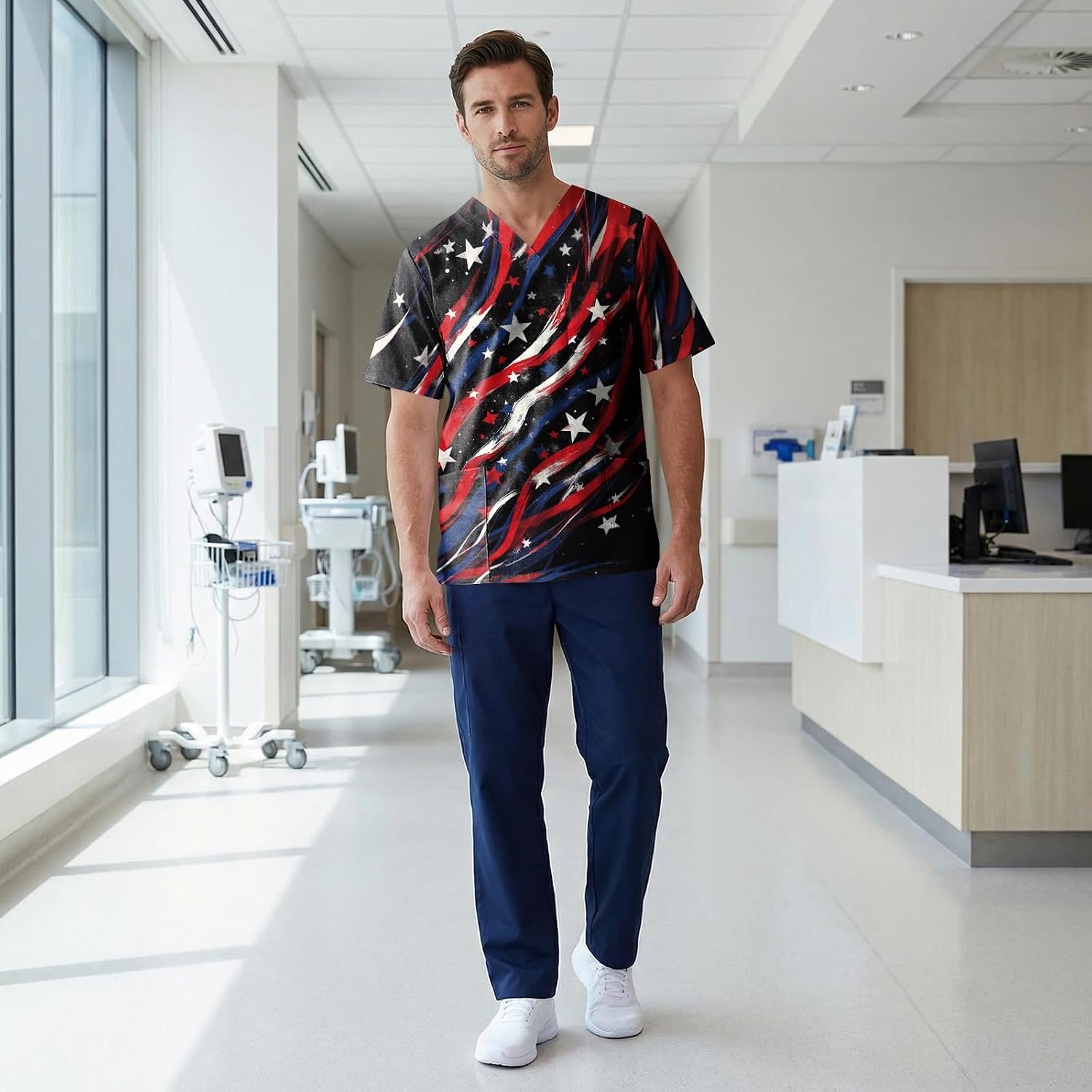 RTRDE Men's Summer Shirts Short Sleeve Flag Print Work Uniform Scrub Top with Pockets, S-5XL