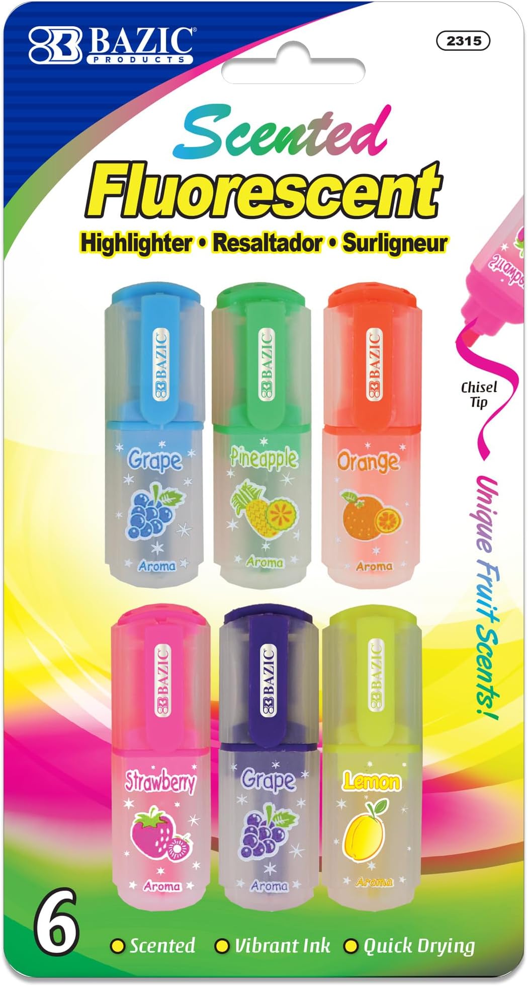 BAZIC PRODUCTS Fruit Scented Mini Highlighter w/Pocket Clip – Assorted Color Chisel Tip Set, Highlighter for Kids, School, and Study Use, Smooth Marking, (6/Pack), 1-Pack