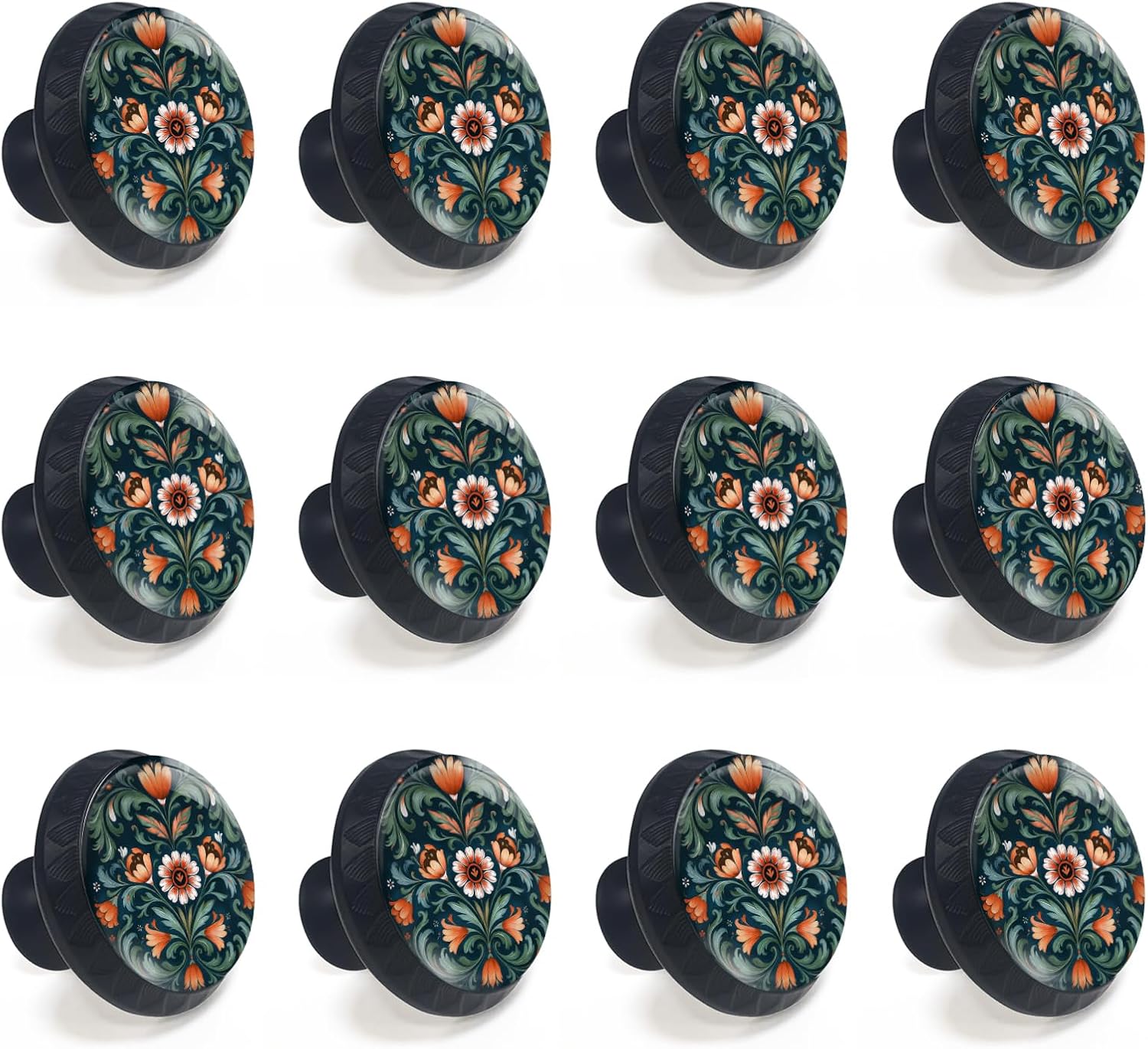 12 Pack Norwegian Rosemaling Folk Style Green Flower Cabinet Knobs Round Drawer Pulls Black Dresser Knob Cupboard Door Handles Hardware for Kitchen Bathroom Cabinets