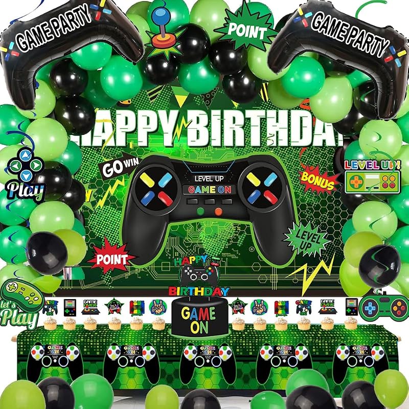 77Pcs Gamer Video Game Birthday Party Decorations Kit for Kids & Boys | Includes backdrop, swirls, table cover, cake toppers & controller balloons. All-in-one easy setup decor for game night.