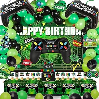 77Pcs Gamer Video Game Birthday Party Decorations Kit for Kids & Boys | Includes backdrop, swirls, table cover, cake toppers & controller balloons. All-in-one easy setup decor for game night.