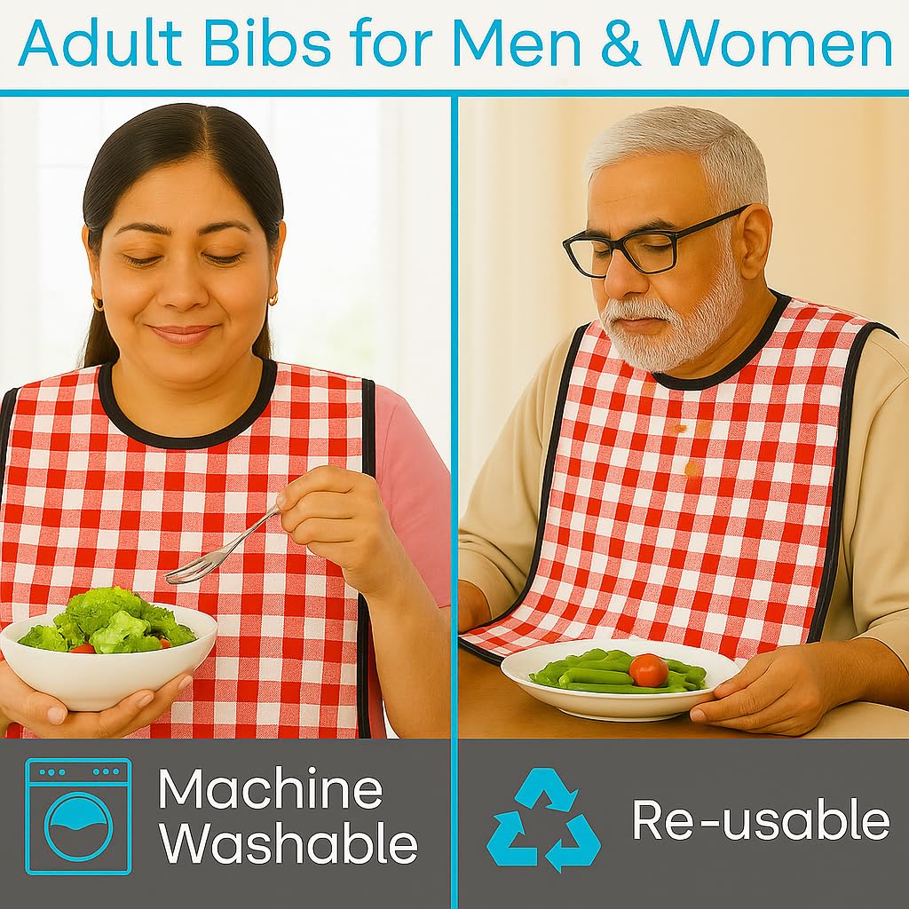MAKSTILE Adult Bib| Extra-Long Adult Dining Bib for Elderly–2-Layer Absorbent Cotton & Waterproof Backing, Washable Reusable Clothing Protector for Senior Citizens, Disabled & Bedridden - Red - Image 6 thumbnail