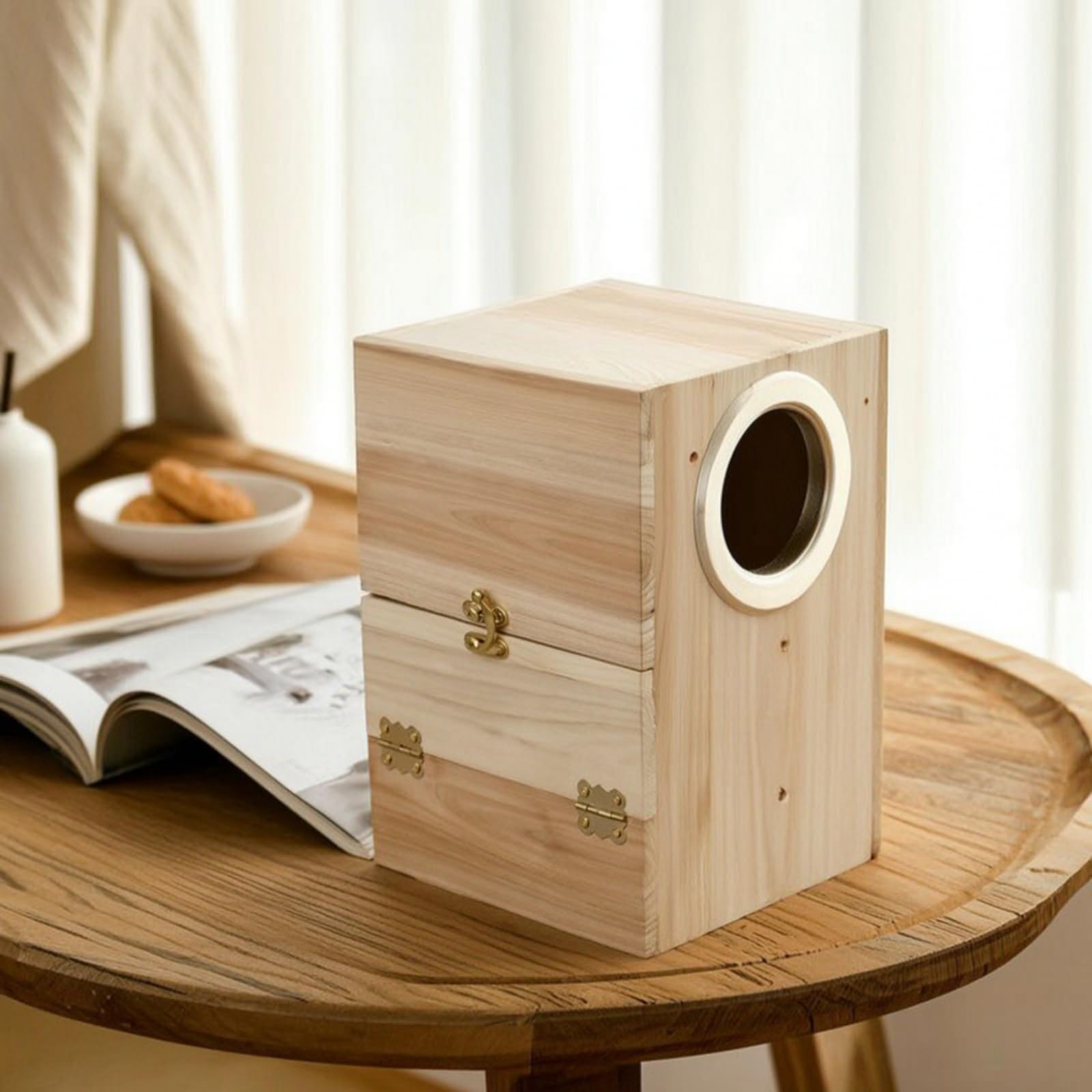 Caja Nido para Aves Percha y Techo Abrible para Periquitos Australianos y Agapornis Acuada para Jaulas y Pajareras, Size to 3, Vertical, Apertura Derecha, 25x25x35cm Boca 8.2cm