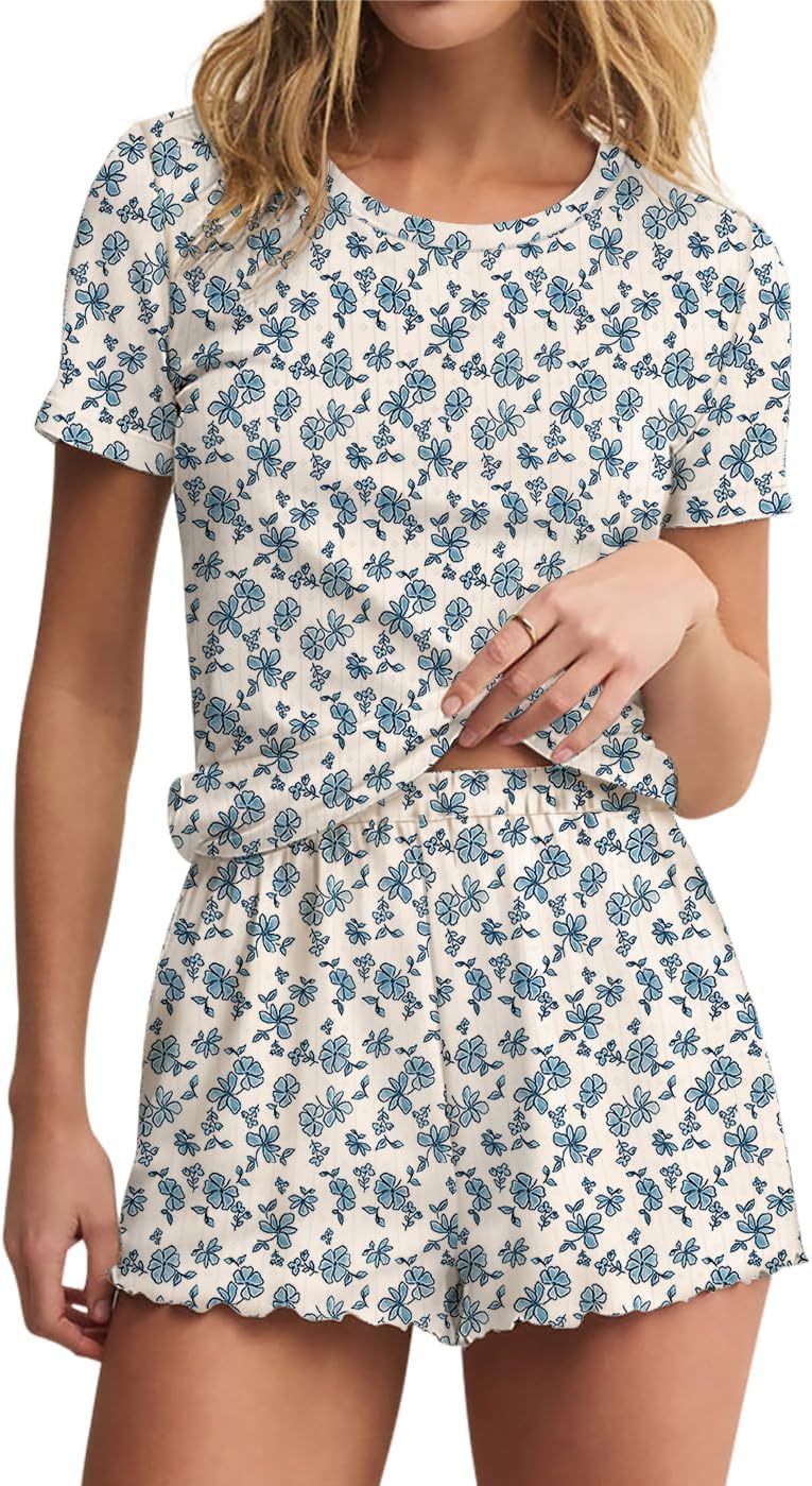 LEEDYA Womens Pajamas 2 Piece Cute Pajamas Set Short Sleeve Tops Shorts PJs Floral Print Y2K Summer Sleepwear Lounge Set