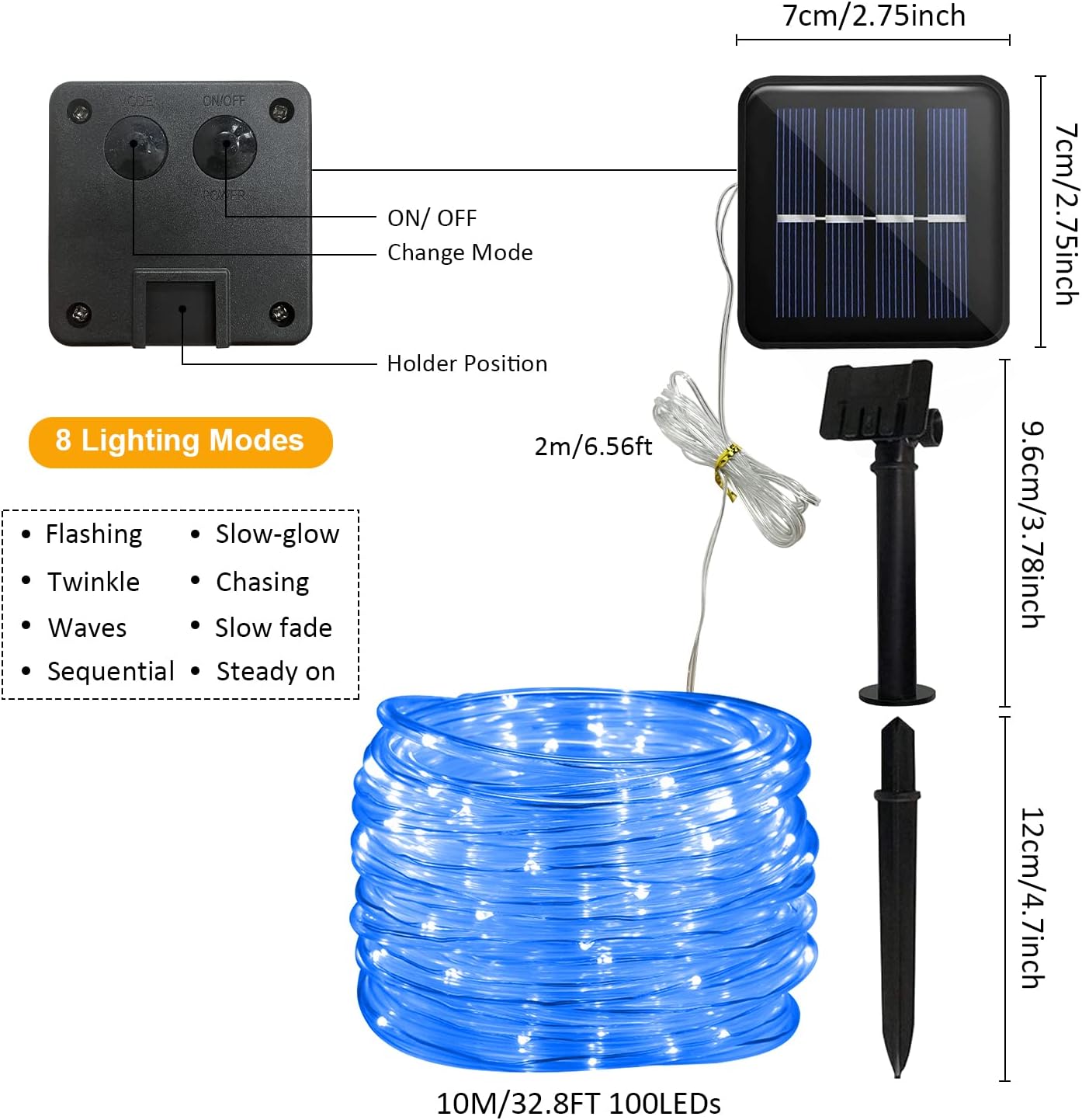 JIMACRO Outdoor Solar LED Rope Lights, IP65 Waterproof Rope Lights 12m/39.4ft 100LEDs Solar Decoration Lights with 8 Lighting Modes, Rope Fairy Light for Garden Tree Party Christmas Decoration