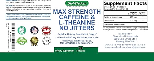 Miniatura 2 de Max Strength Caffeine L Theanine Pills No Jitters Peak Energy Focus Alerta de desempeño Píldoras de cafeína de 200 mg y 500 mg de L-teanina Cápsulas