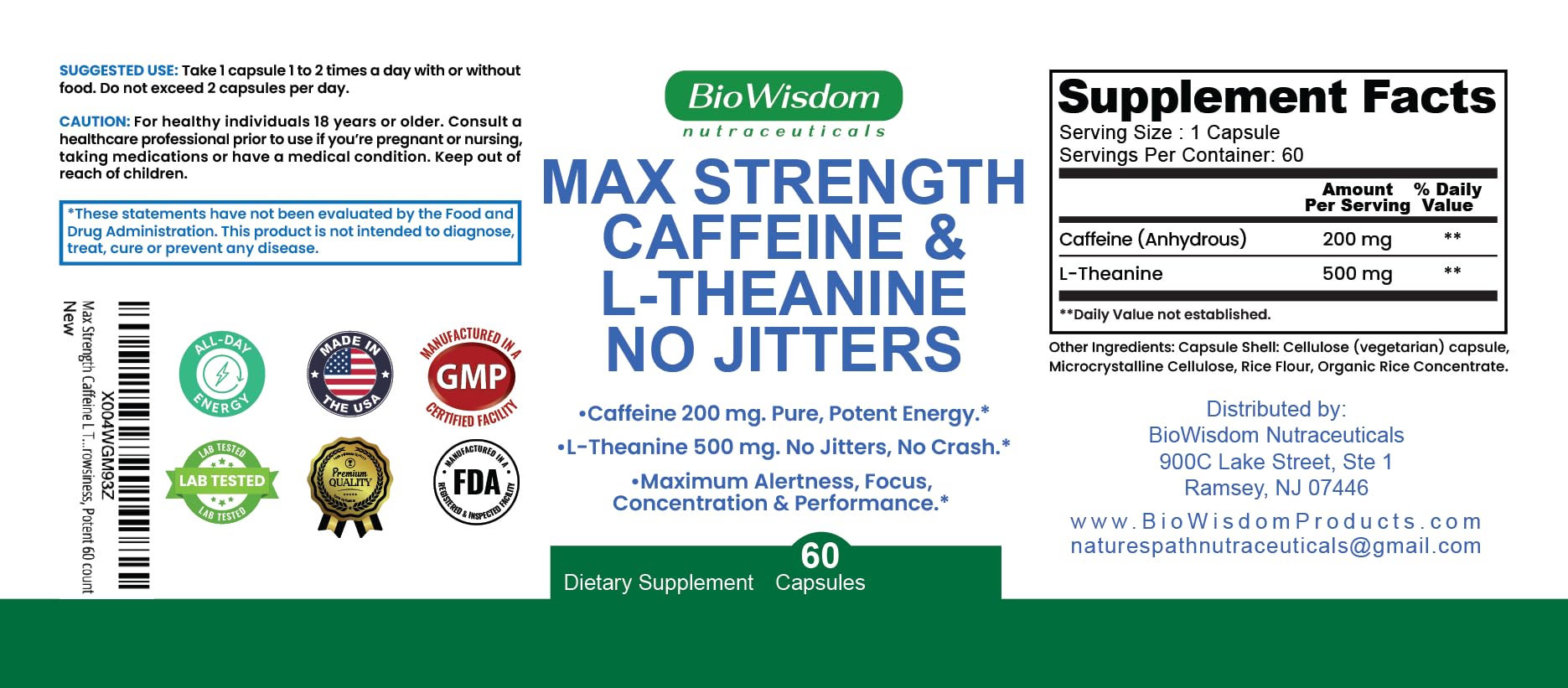 Max Strength Caffeine L Theanine Pills (200mg/500mg) - No Jitters Peak Energy, Focus, Performance, Alertness - Caffeine Pills & L-Theanine Capsules, No Crash & Drowsiness, Potent Supplement, 60 Count — Amazon image 2