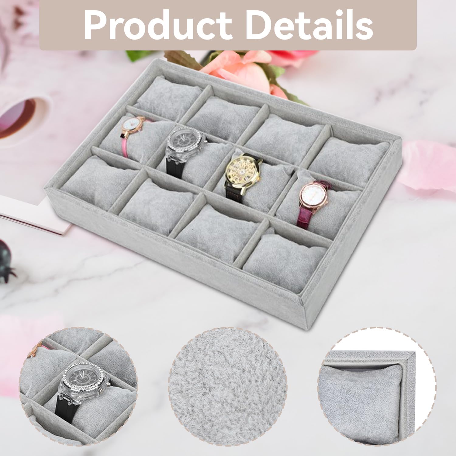 Tissting Bandeja de Reloj, Organizador Elegante de Joyas con 12 Ranuras y Almohadas Removibles, Soporte para Relojes y Pulseras, Caja de Exhibición Compacta para Hogar o Tiendas