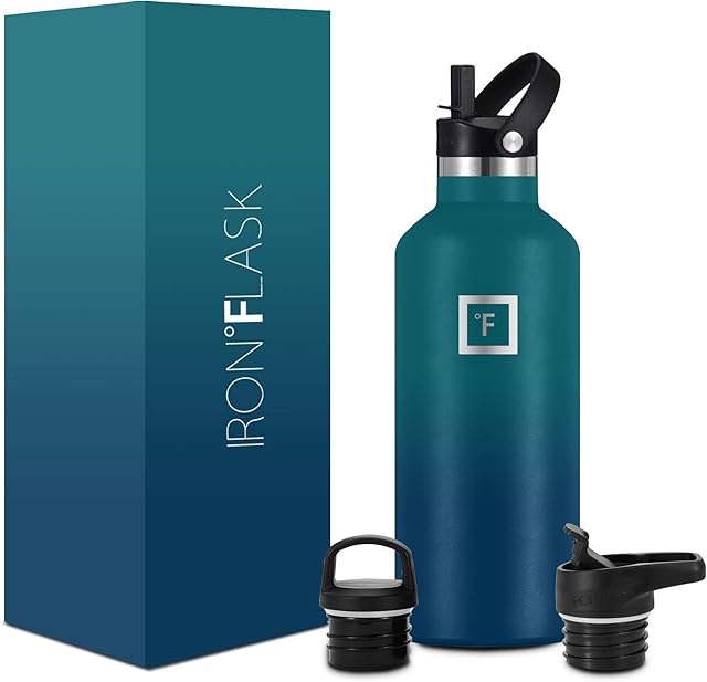 IRON °FLASK Sports Water Bottle - 945 ml, 3 Lids (Straw Lid), Vacuum Insulated Stainless Steel, Hot Cold, Double Walled, Thermo Mug, Standard Metal Canteen