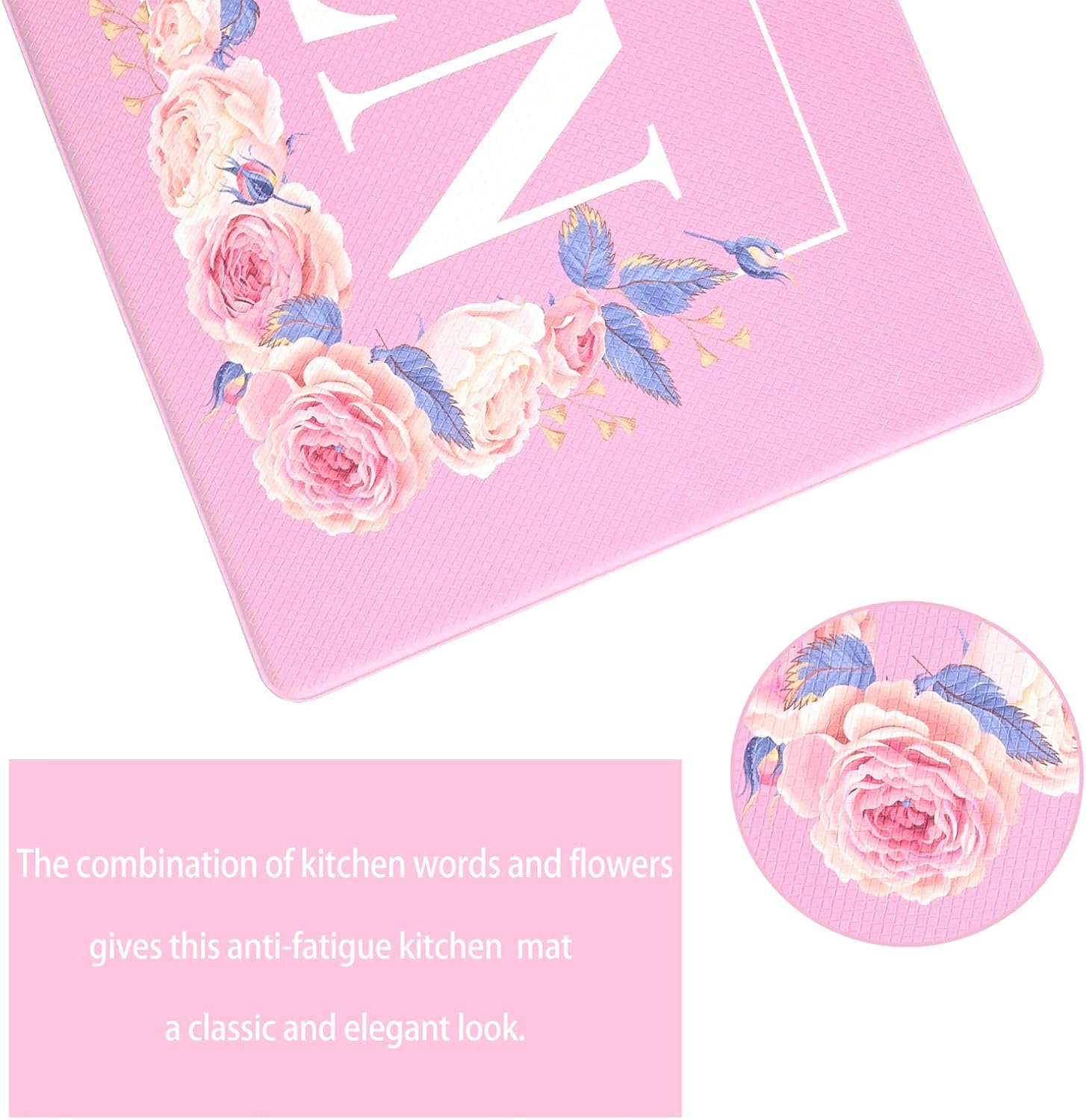 Pink Floral Kitchen Mat Sets 2PCS Non Skid Waterproof Kitchen Rugs and Runner Sets Cushioned Anti-Fatigue Comfort Mat for Home, Laundry Room, Office, 17.3"×30"+17.3"×47"