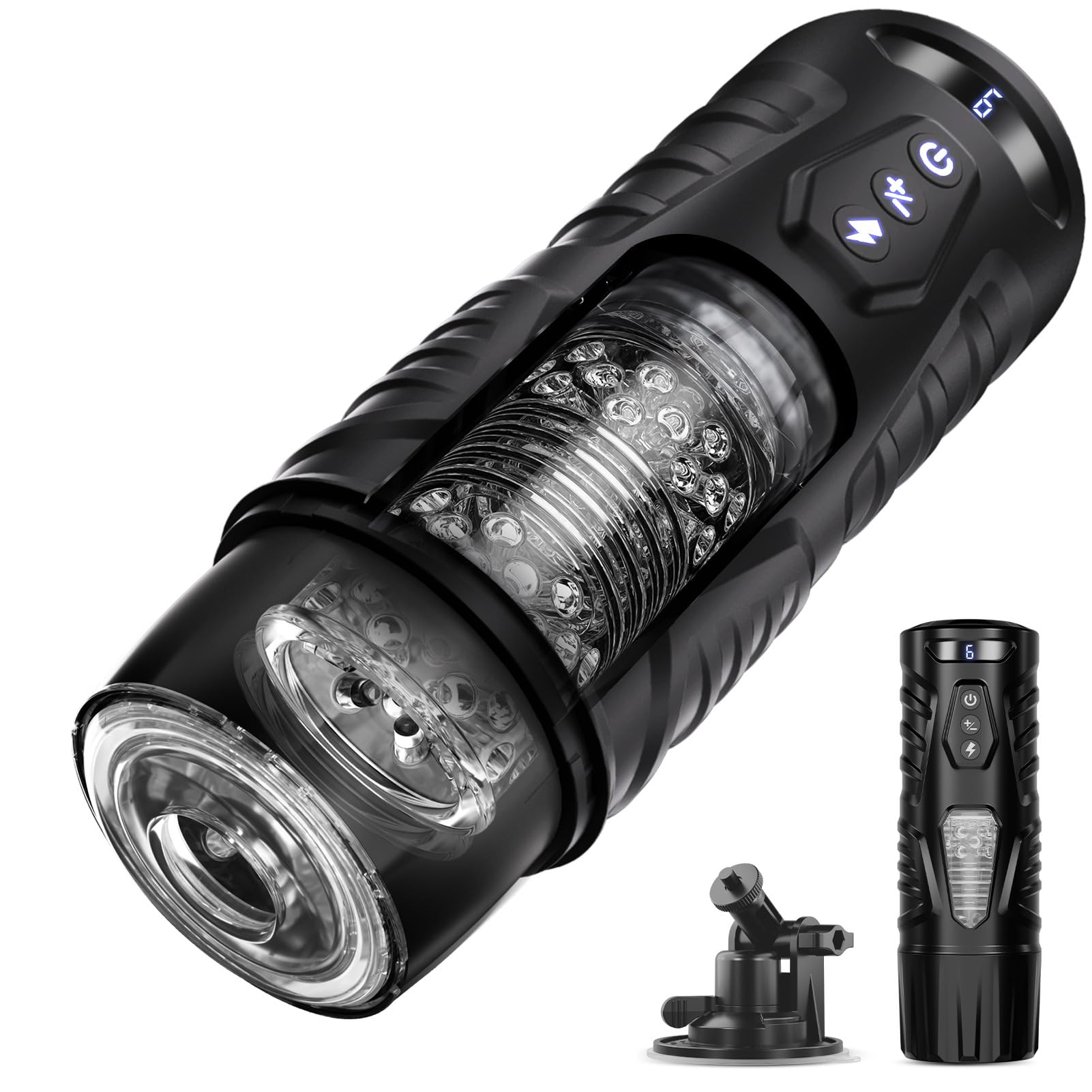 Masturbateur Homme Automatique Mains Libres - 7 Modes de Rotation & 7 Modes de Poussée - Sextoy avec Succion Va-et-vient Interactifs - Rechargeable USB - Noir