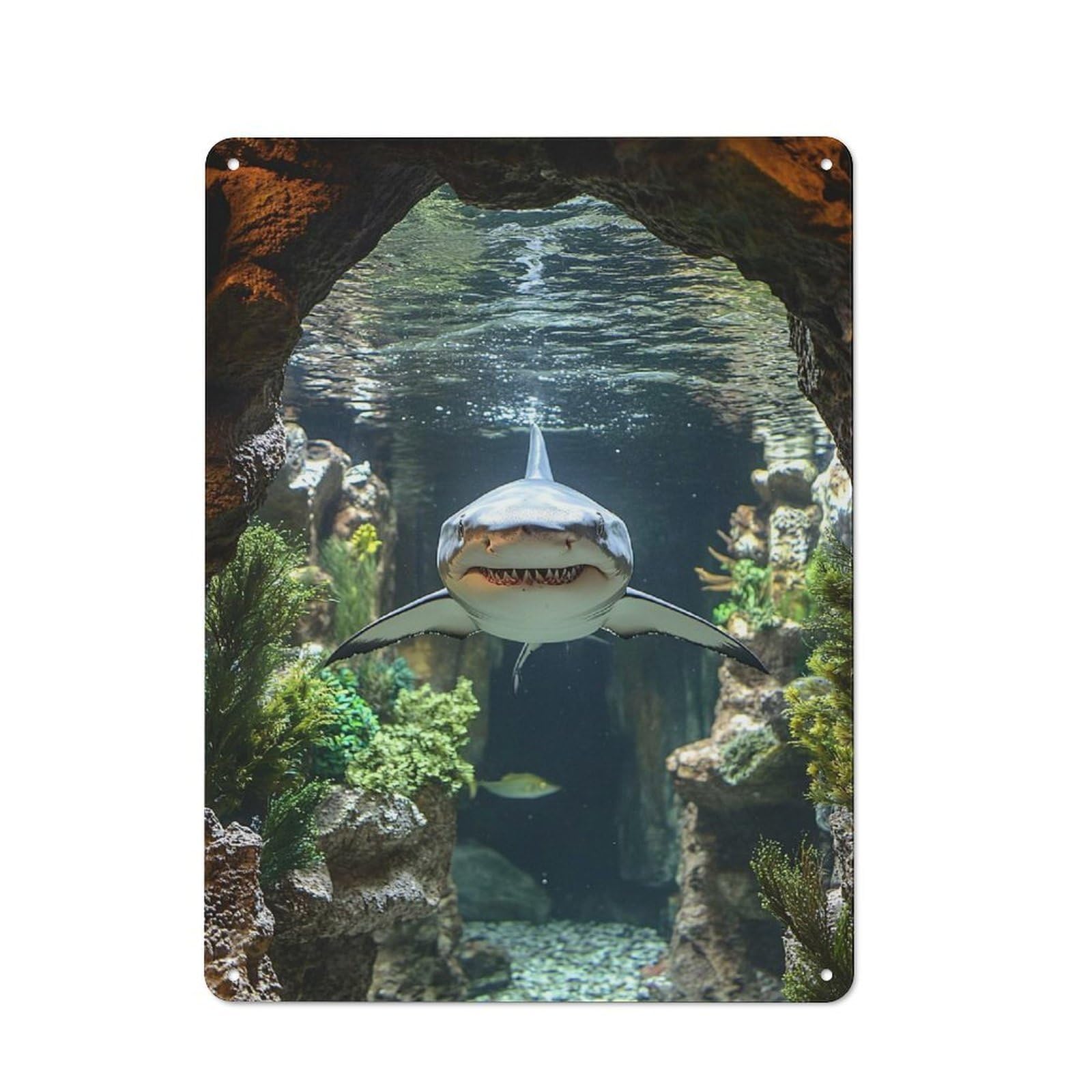 Junmoney Style-20 Metal Wall Sign 40X30cm Featuring Shark Swimming Through Underwater Cave For Café Or Home Bar, A Decorative Gift For A Newly Furnished Café And Home Bar