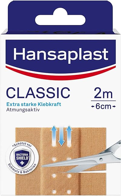 Hansaplast Classic Pflaster (2 m x 6 cm), zuschneidbare Wundpflaster mit extra starker Klebkraft & Bacteria Shield, flexibles und atmungsaktives Verbandsmaterial