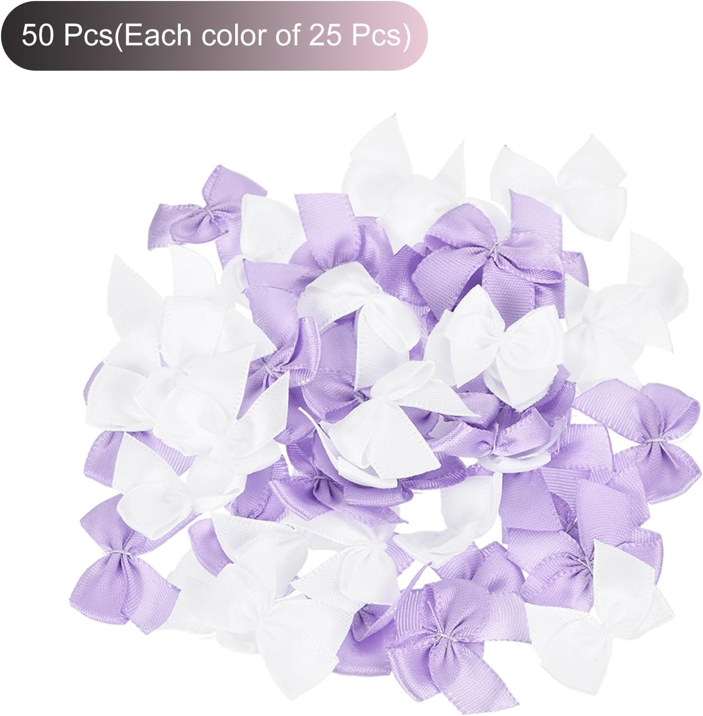 MECCANIXITY 50Pcs Mini Ribbon Bow 1" Mini Fabric Satin Ribbon Flower Bows for Craft DIY Sewing Wedding Birthday Party White & Purple