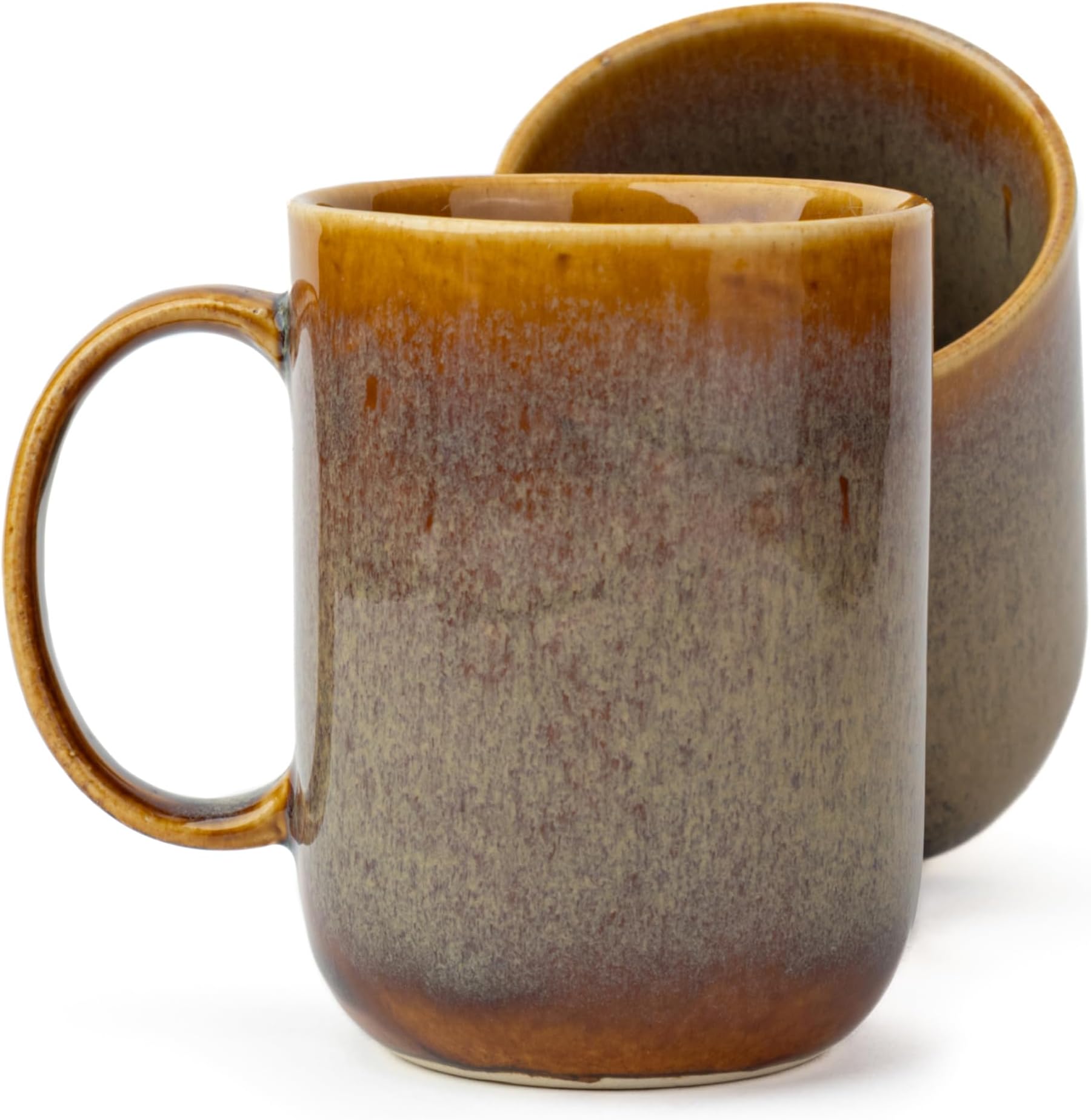 Shay Large Ceramic Coffee Mug Set of 2, Brown Reactive, 400ml | Ceramic Mug | Glossy Finish | Mug for Coffee | Ceramic Coffee Mug | Coffee Cup | Microwave Safe (Tall Curvy Mug - Brown Reactive)