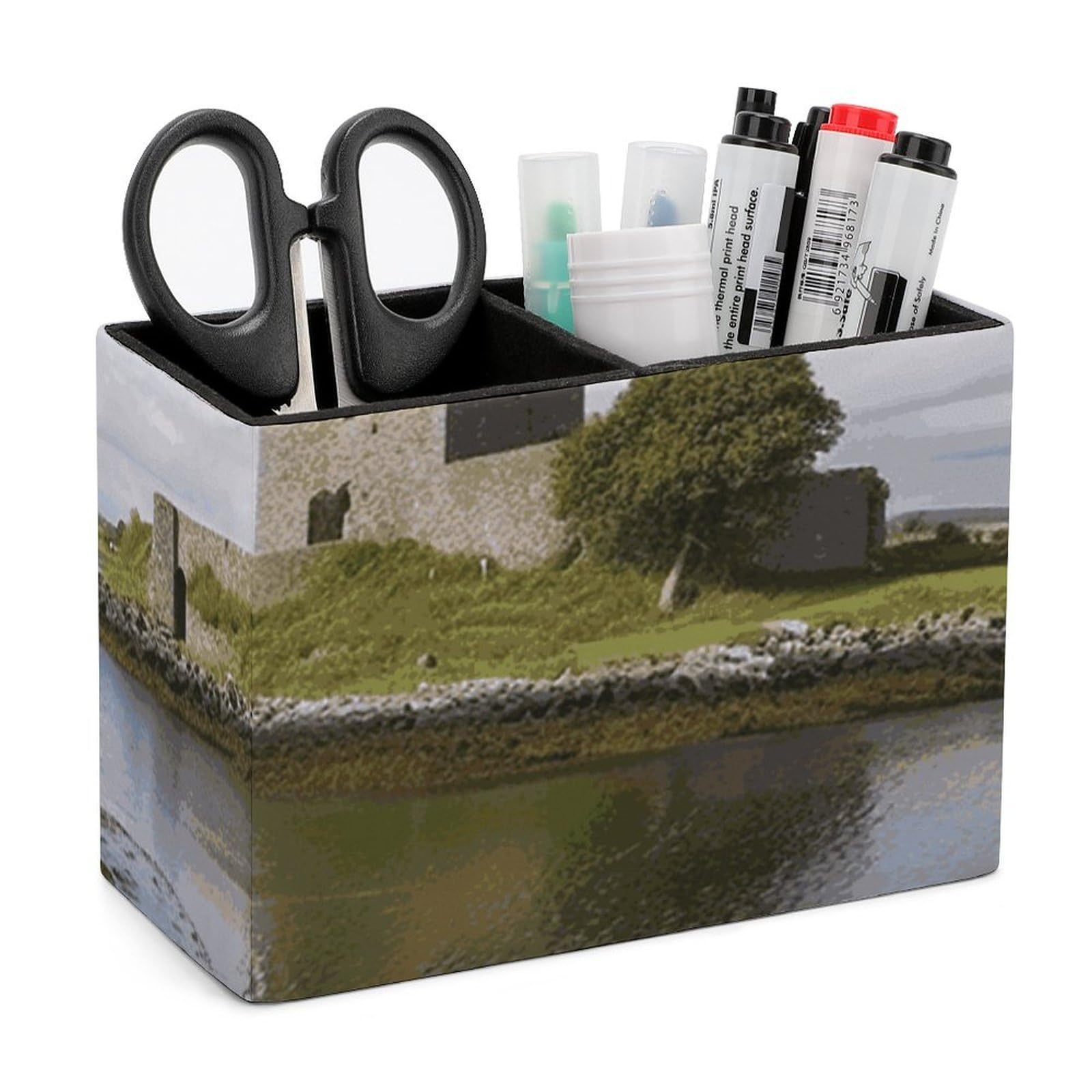 JTREHY View of The Dunguaire Castle Pencil Holder Exquisite Fashion Leather Pen Receptacle Soft High-End Pen Container for Office Home Accessories Or Housewarming Present