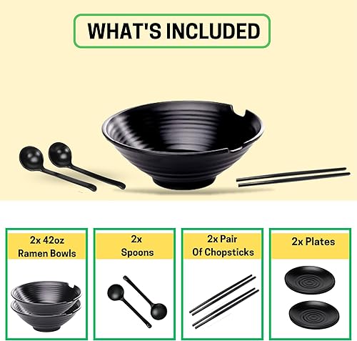 Miniatura 3 de Faz Goods Juego de 2 cuencos para ramen con palillos, cucharas grandes de melamina de 32 onzas, juego completo de vajilla con palillos, cuencos y