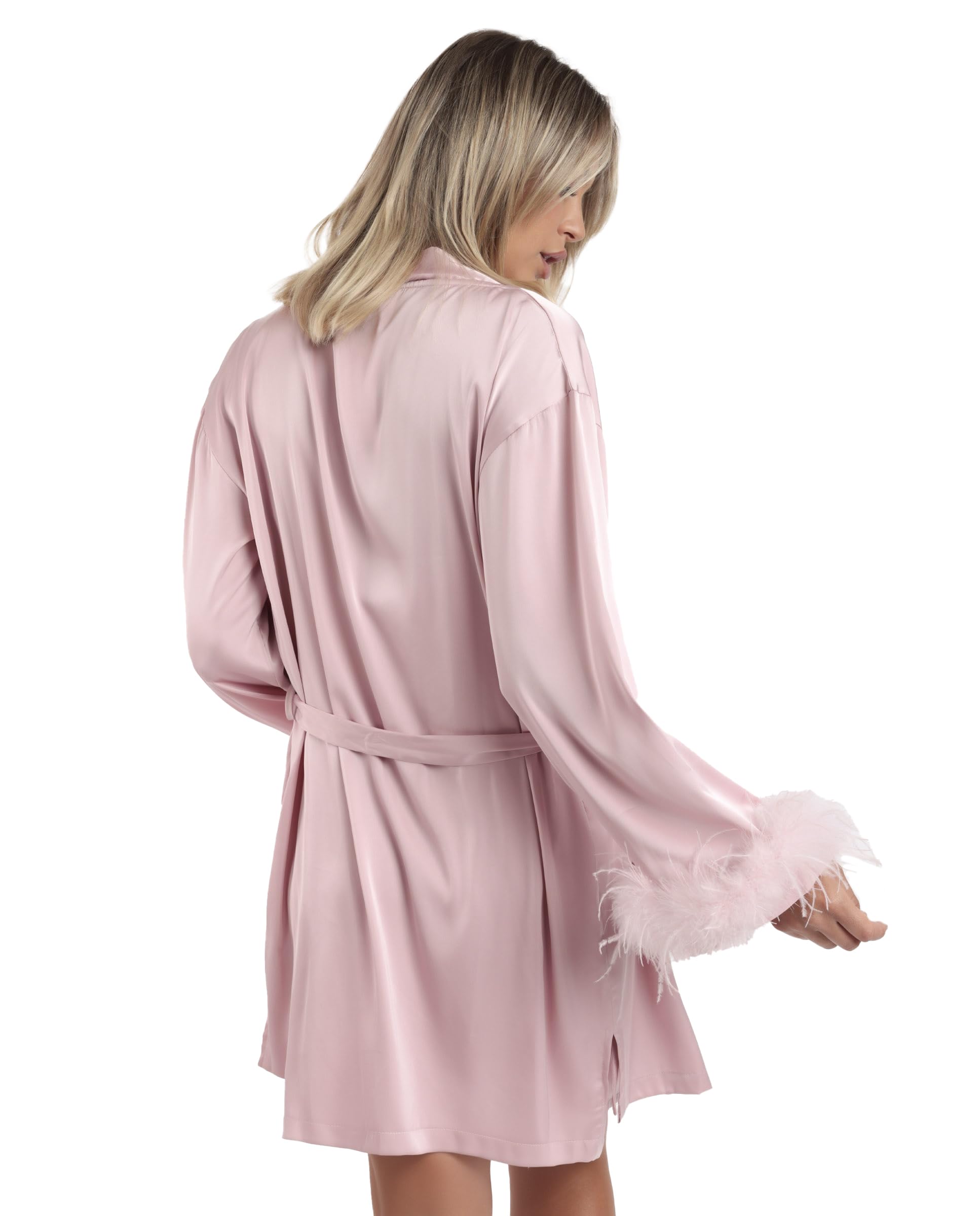 ADMAS luxury bata mujer marabu luxe manga larga de satén con cinturón y plumas removibles, detalle lencero y caída fluida, para dormir y baño, prenda ligera