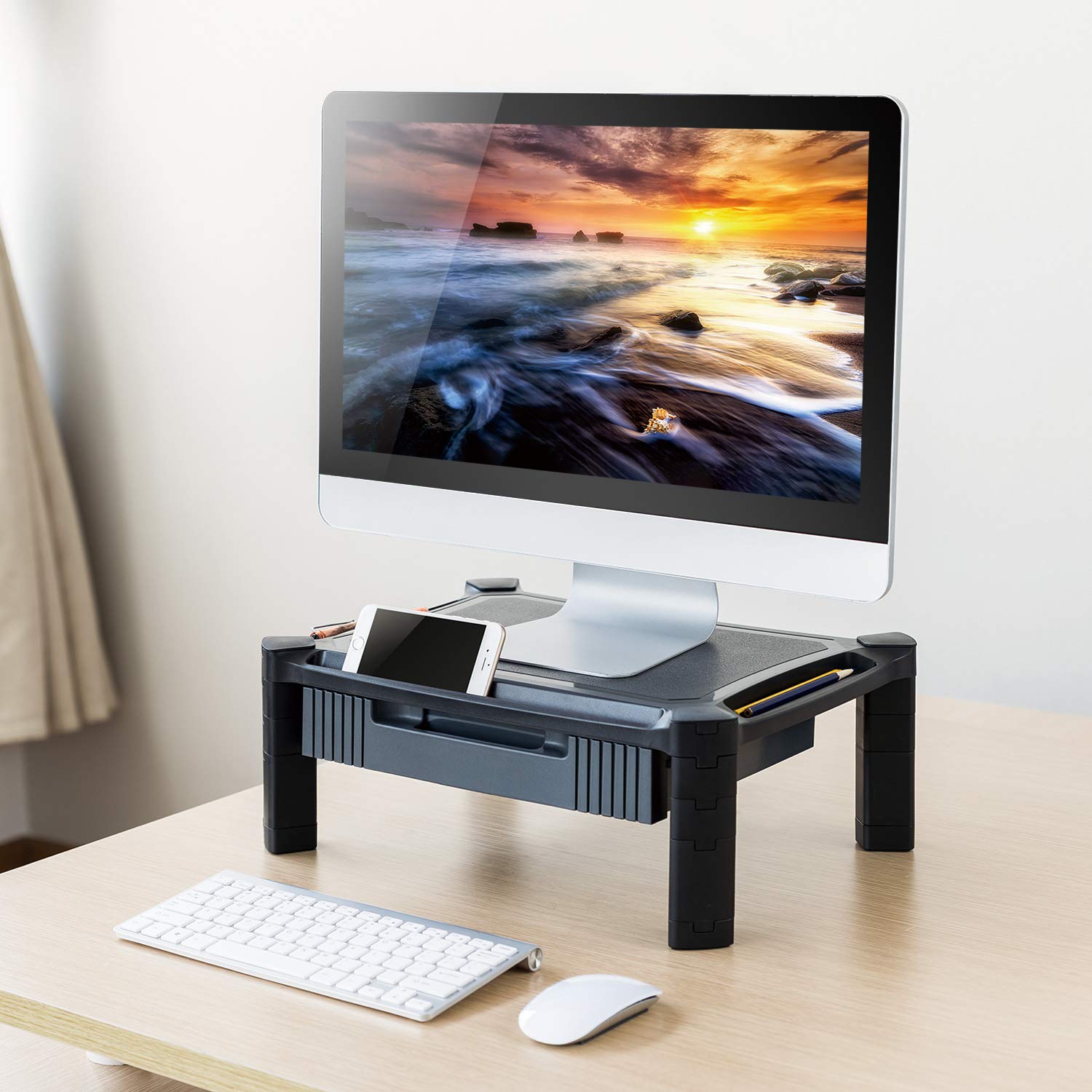 HUANUO Adjustable Monitor Stand with Pull Out Drawer, Pen Storage Slot