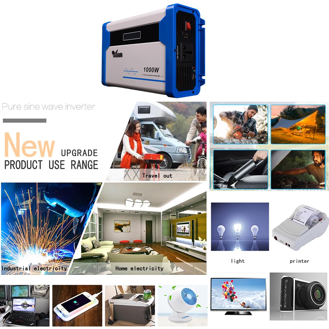 Anern Convertidor 1000W Inversor de Corriente para Coche DC 12V a AC 220V Onda Senoidal Pura Inversor de Coche con Pantalla LED y Puerto USB de 5V para Cargar Viajar Camping