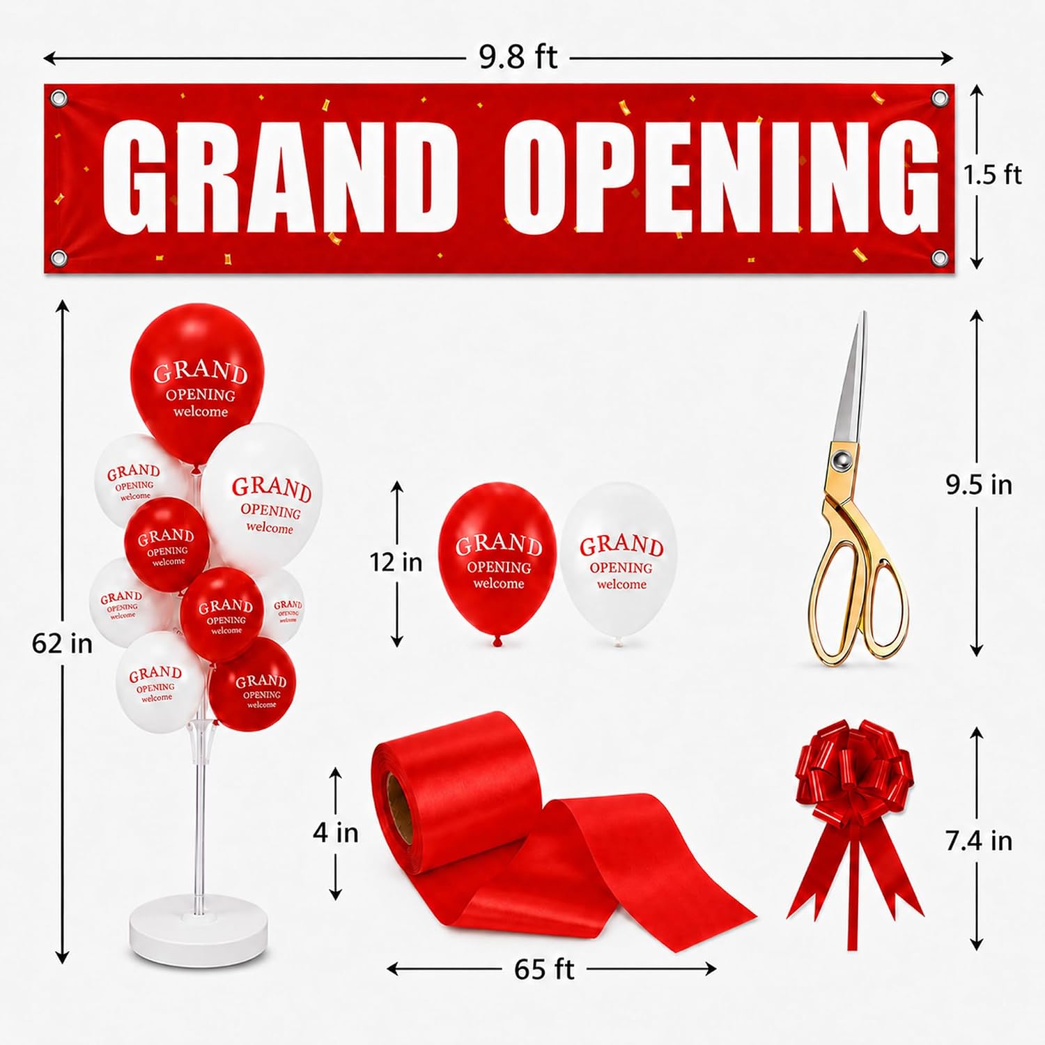 Grand Opening Ribbon Cutting Ceremony Kit, 9.5 in Gold Scissors, 4 in x 65 ft Red Ribbon, Banner, 60 Balloons, Balloon Tree, Pull Bows & Gloves for Business Inauguration Decorations