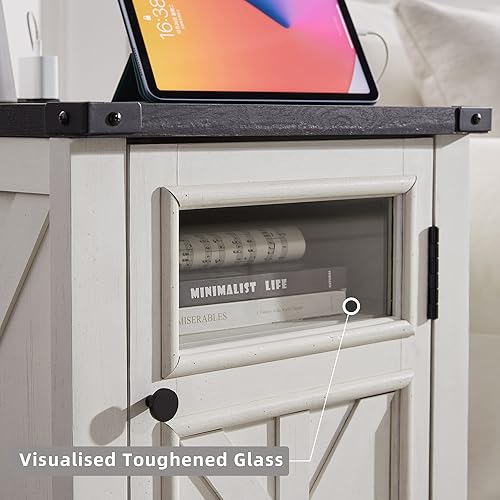 Miniatura 7 de Mesita de noche rústica con estación de carga mesa auxiliar moderna con almacenamiento de 3 niveles pies ajustables mesa auxiliar rústica para