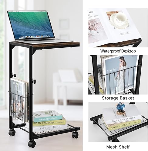 Miniatura 4 de Mesa auxiliar en forma de C con ruedas para espacios pequeños, mesa C de altura ajustable, sofá, portátil, mesas de aperitivos que se deslizan