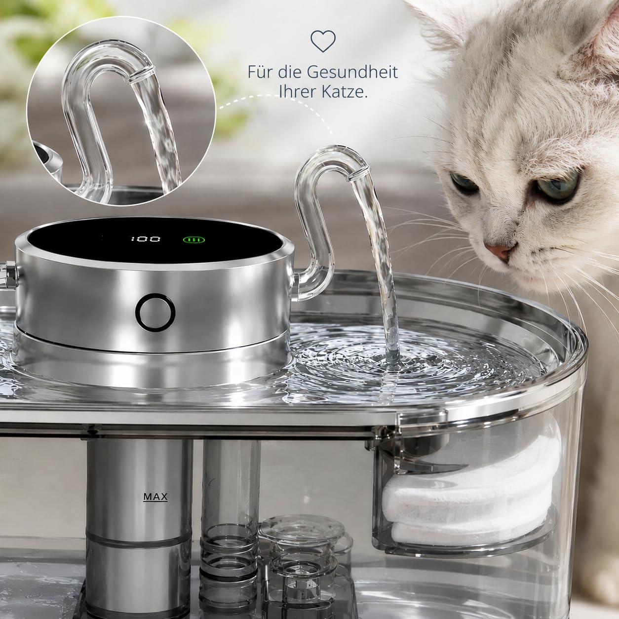 Fuente inalámbrica para gatos de 3 L con batería y detector de movimiento, fuente de agua para gatos de acero inoxidable, silenciosa fuente para gatos con filtro de carbón activo, fuente de agua para