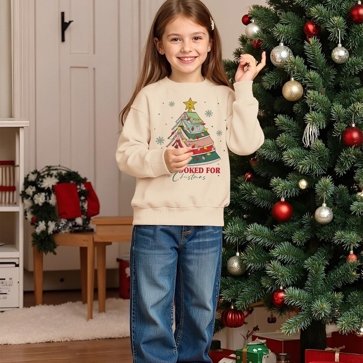 Christmas Sweatshirt for Girl Boy All Booked for Christmas Pullover Kid Xmas Tree Crewneck Long Sleeve Holiday Outfit
