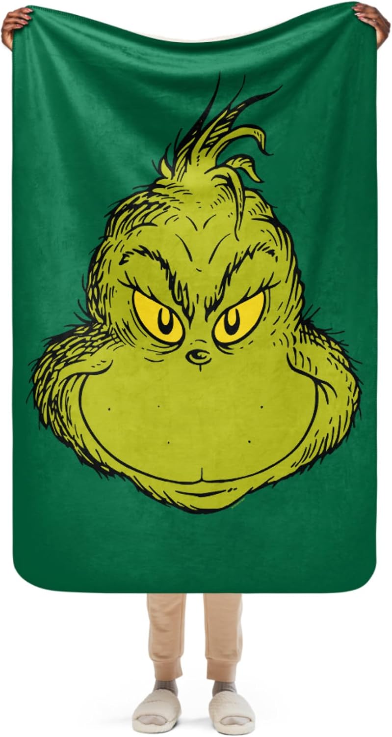 Dr. Seuss The Grinch Face Sherpa Blanket, Soft Throw Blanket for Couch, Fluffy Soft Cozy Blanket for Bed or Sofa, 37" x 57", Officially Licensed