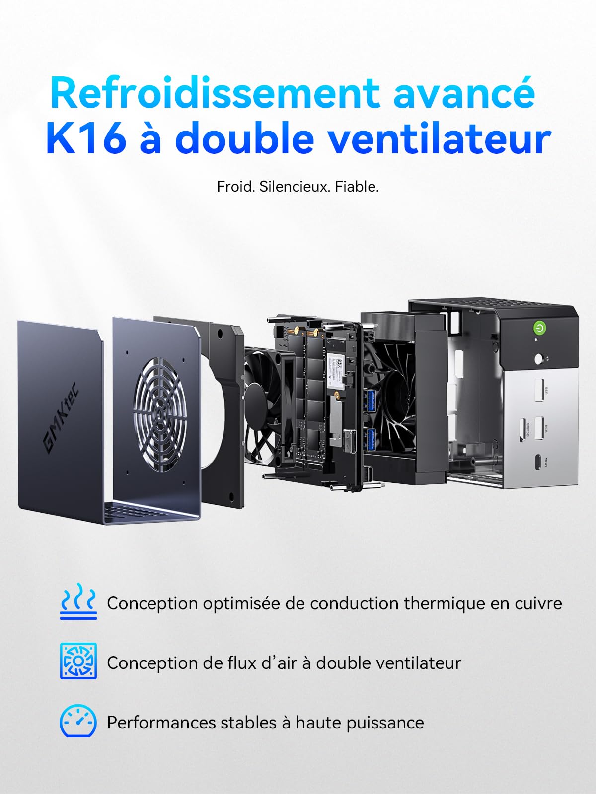 Mini PC GMKtec K16 AMD Ryzen 7 7735HS (8C/16T, 4,75 GHz) Micro PC avec 32 Go DDR5 6400, 512 Go SSD PCIe 3.0 avec Double LAN 2,5G, OcuLink, triple affichage 4K (HDMI 2.0+DP 1.4+Type-C), AMD Radeon 680M