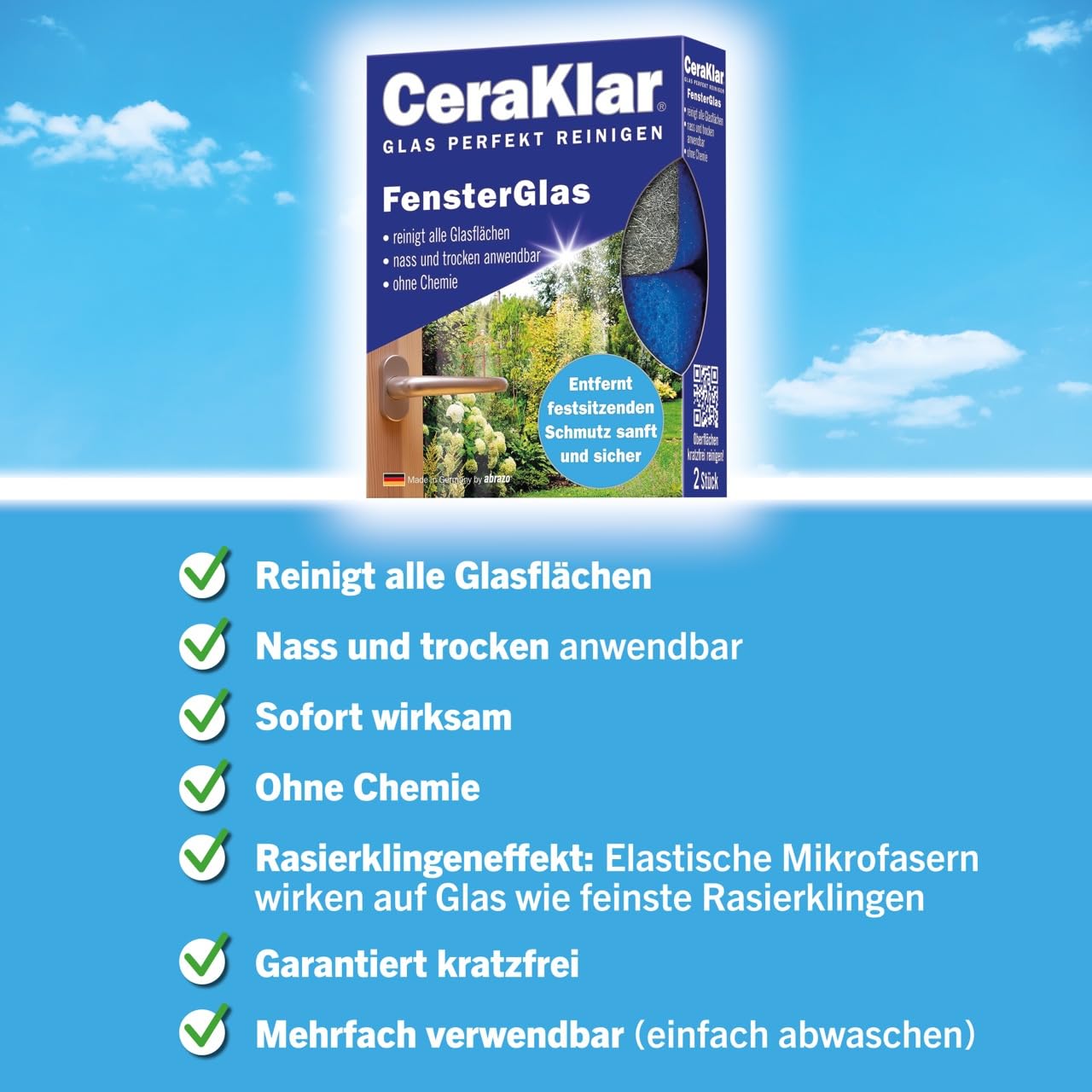 abrazo CeraKlar FensterGlas - 16 Glasreiniger, 8x2 Stk. - Scheibenreiniger f. kratzfreie, gründl. Scheibenreinigung, Glasreiniger Fenster & Echtglas
