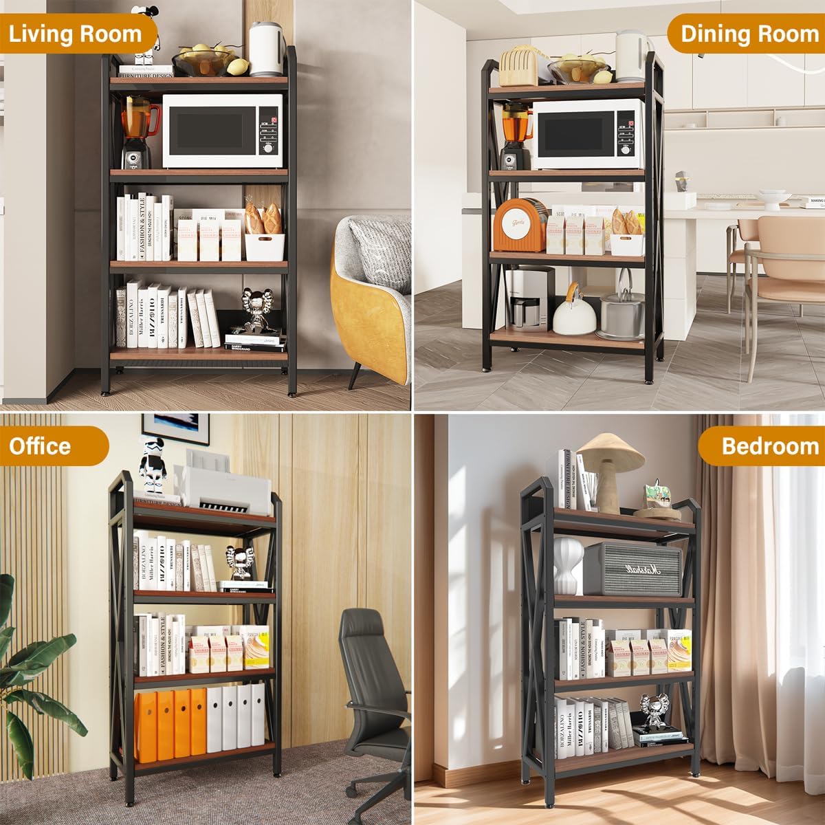 4-Tier Bakers Rack, 56" Kitchen Storage Shelf, Metal & Wood Open Shelving Unit for Pantry, Garage, Bathroom, Living Room - Adjustable Freestanding Organizer, Black Brown