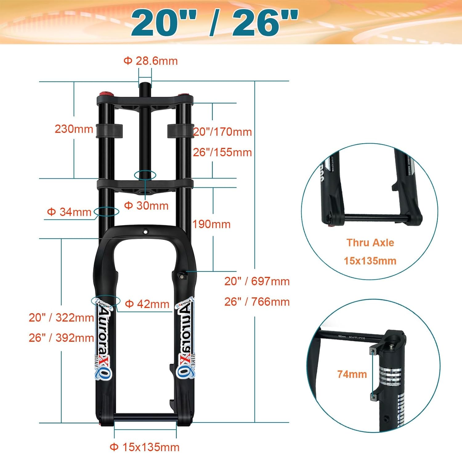 20/26 Inch E-Bike 4.0 Fat Tire Electric Bike Suspension Fork Thru Axle 15 * 135mm, Double Crown Travel 190mm for Snow Beach XC MTB ATB BMX
